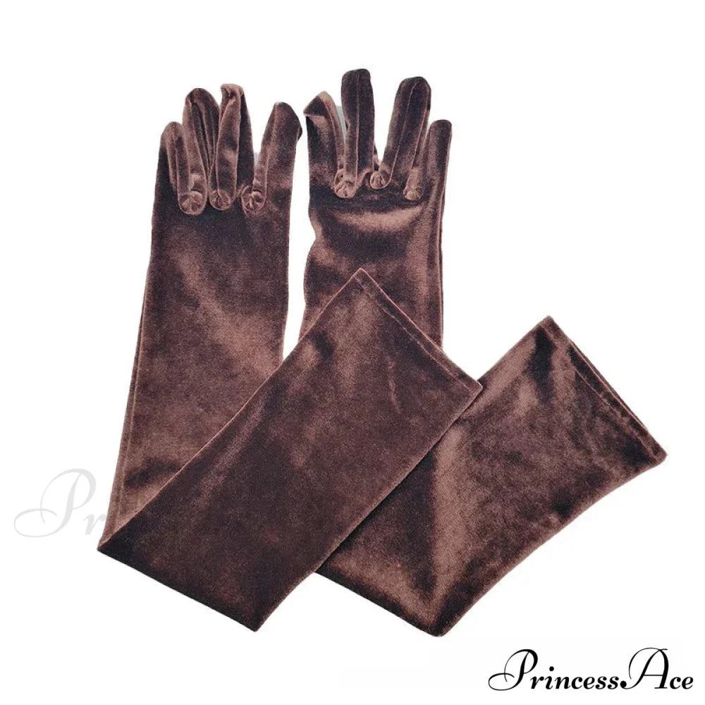 Velvet Ladies Warm Long Retro Dance Stage Etiquette Winter Christmas Gloves Brown Gloves-L