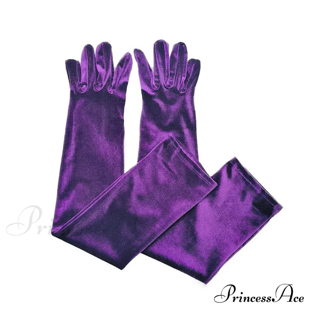 Velvet Ladies Warm Long Retro Dance Stage Etiquette Winter Christmas Gloves Purple Gloves-L