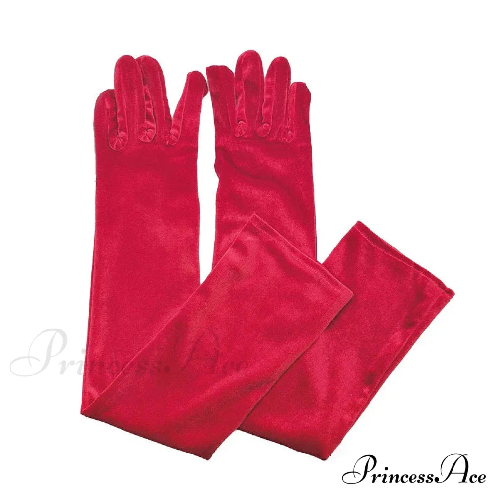 Velvet Ladies Warm Long Retro Dance Stage Etiquette Winter Christmas Gloves Red Gloves-L