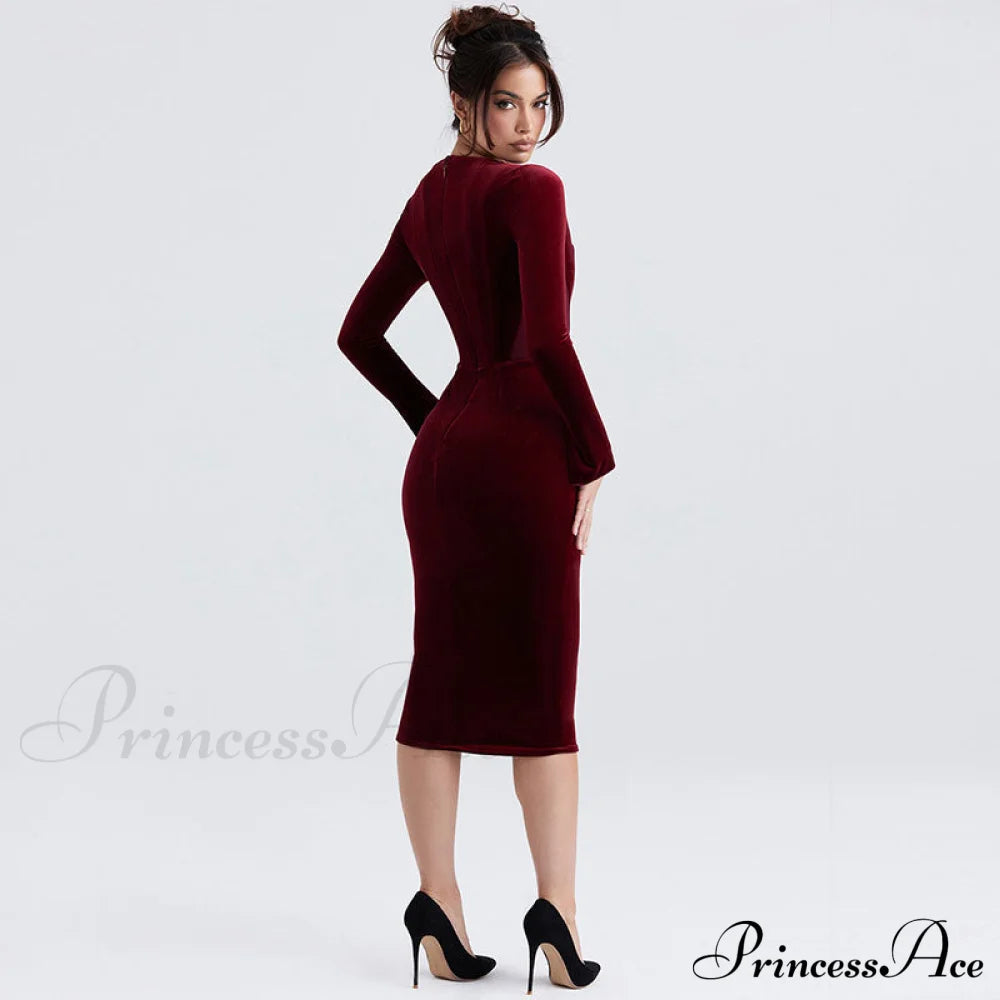 Velvet Long Graceful Sleeve Hooded Jumpsuit L / Burgundy Dresses