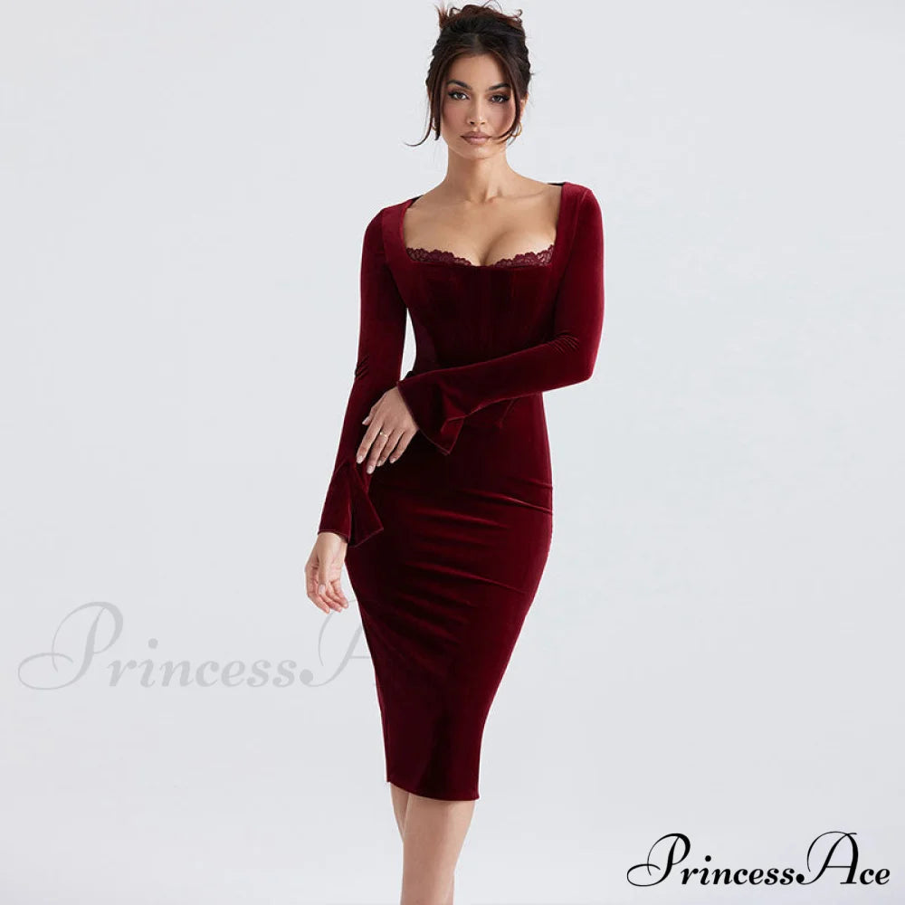 Velvet Long Graceful Sleeve Hooded Jumpsuit S / Burgundy Dresses