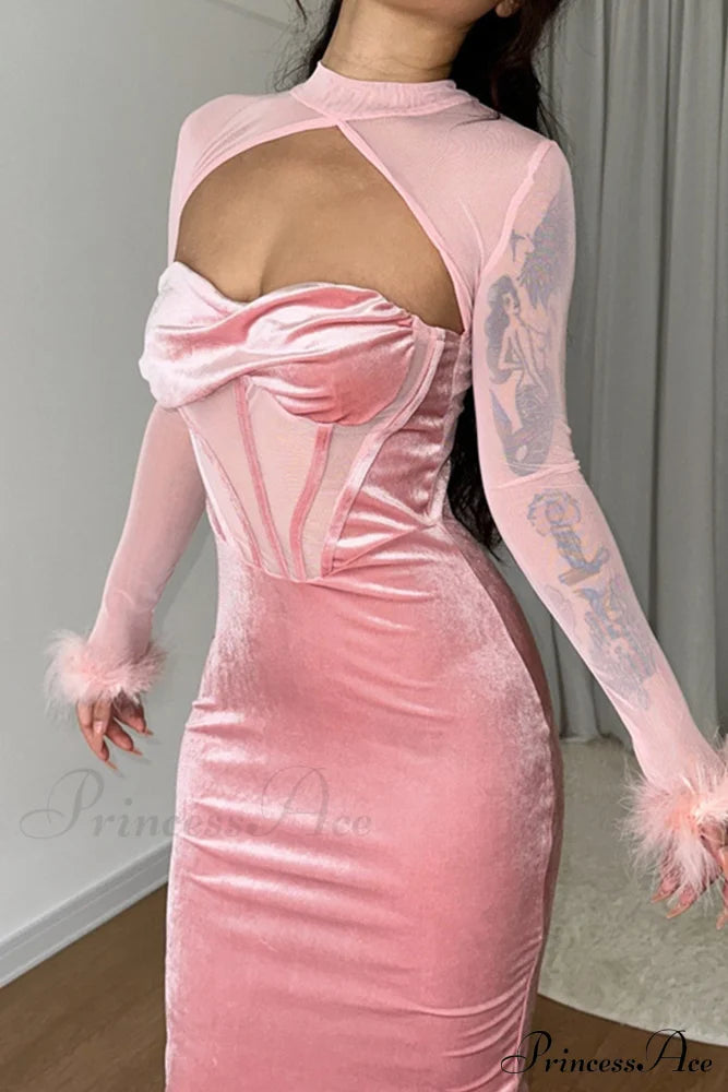 Velvet Mesh Patchwork Dress With Low Cut Pink / L Midi Dresses