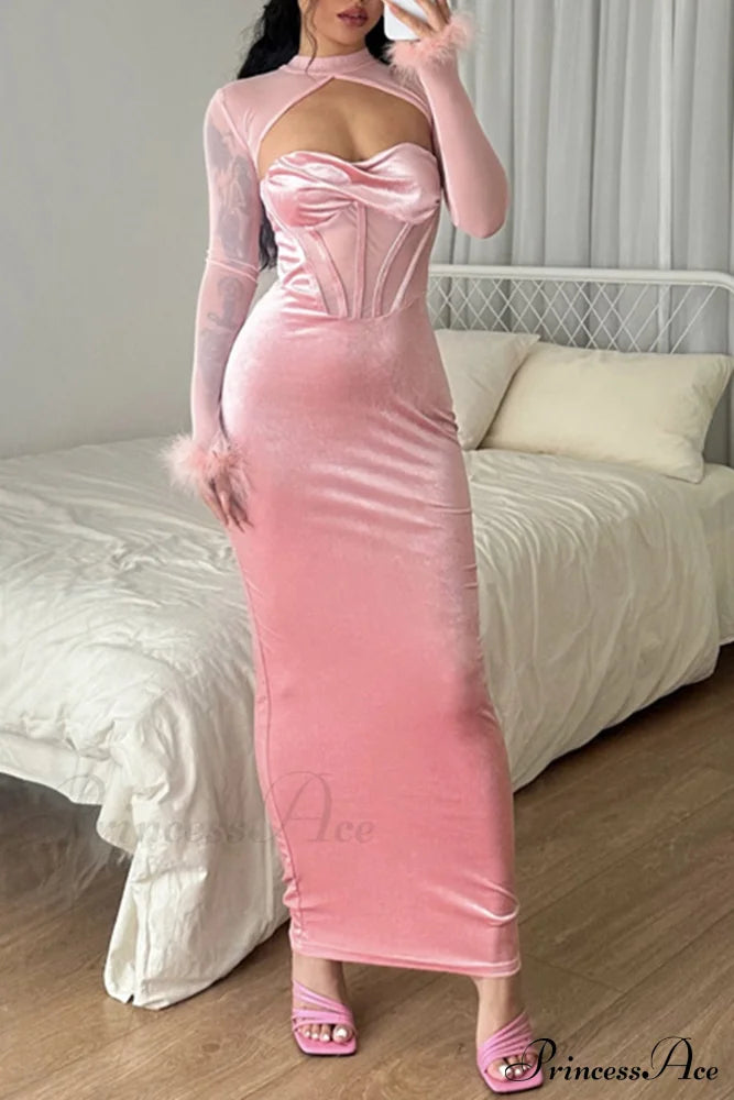 Velvet Mesh Patchwork Dress With Low Cut Pink / S Midi Dresses