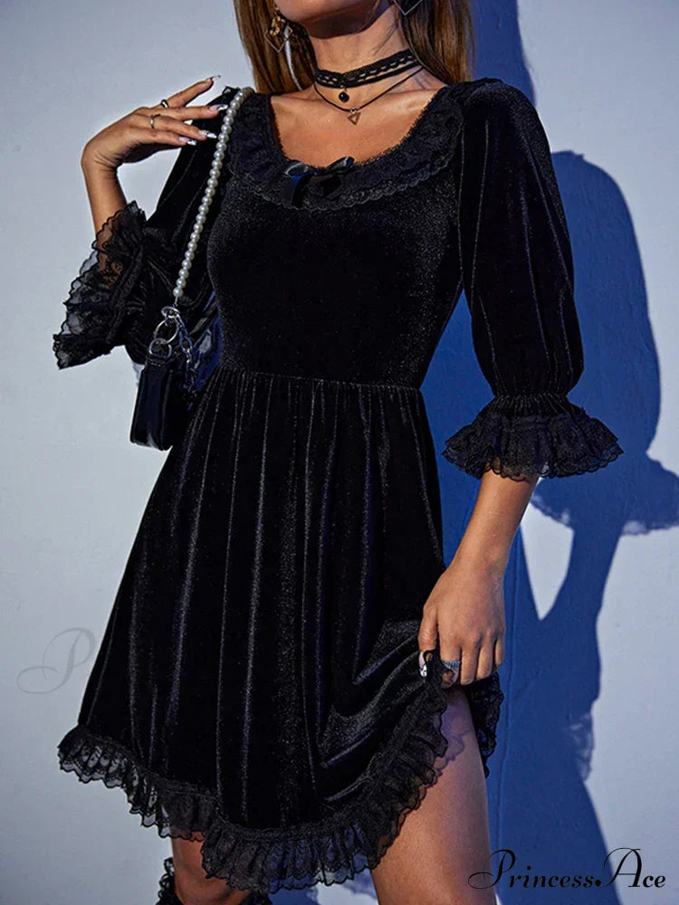 Velvet O-Neck Lace Harajuku Half Lantern Sleeve Lolita A-Line Vintage Party Dress Halloween