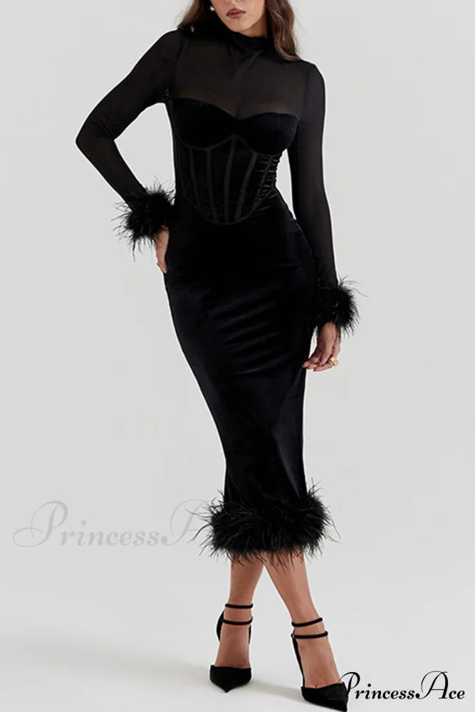 Velvet Patchwork Fuzzy Hem Slit Dress Black / L Midi Dresses