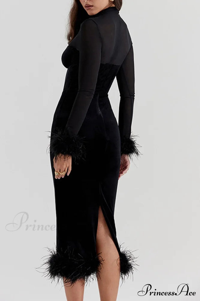 Velvet Patchwork Fuzzy Hem Slit Dress Black / Xl Midi Dresses