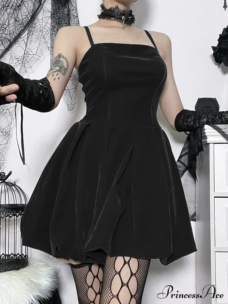 Velvet Solid Shirring High Waist Spaghetti Straps A-Line Party Mini Elegant New Year Dress Black /