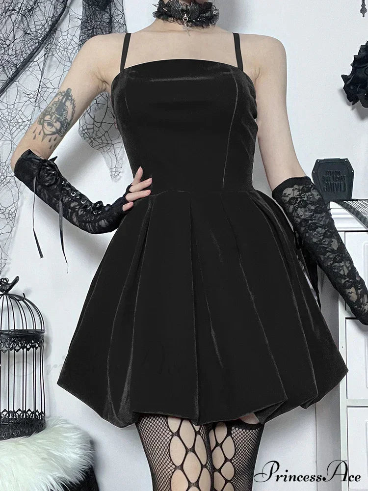 Velvet Solid Shirring High Waist Spaghetti Straps A-Line Party Mini Elegant New Year Dress Halloween