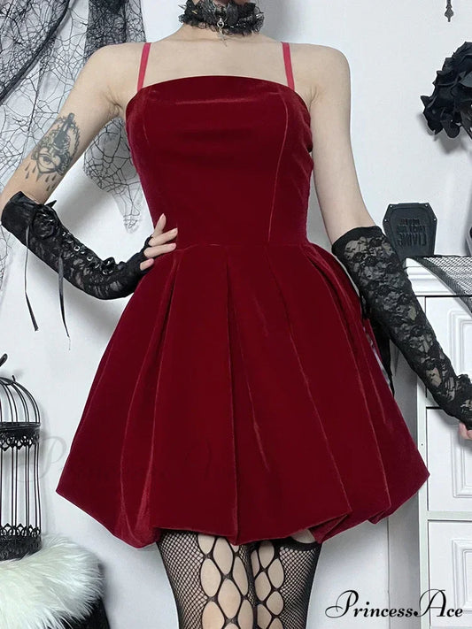 Velvet Solid Shirring High Waist Spaghetti Straps A-Line Party Mini Elegant New Year Dress Halloween