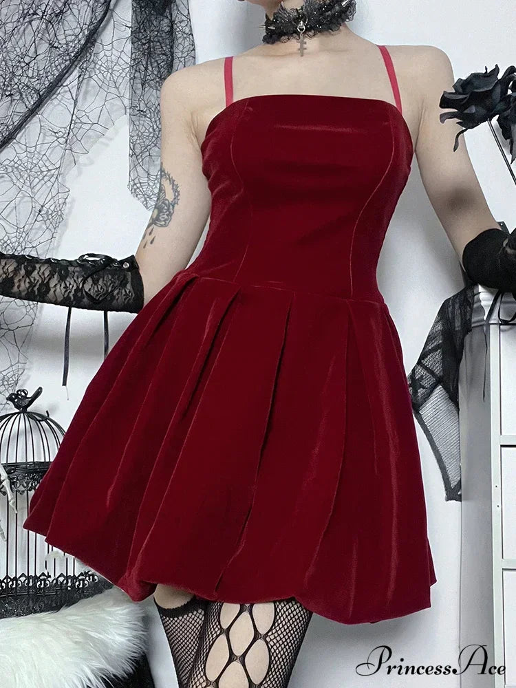 Velvet Solid Shirring High Waist Spaghetti Straps A-Line Party Mini Elegant New Year Dress Red / S