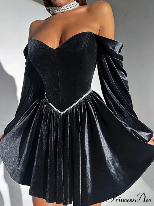 Velvet Strapless Off Shoulder Party Dress Black / S Partydress-241208