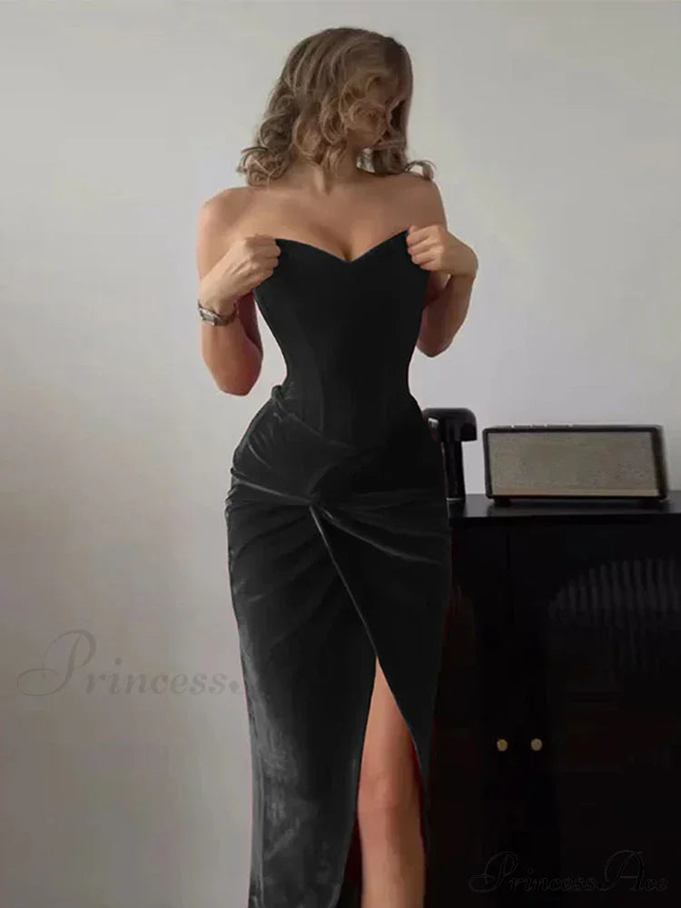 Velvet Strapless Split Party Dress Partydress-241208