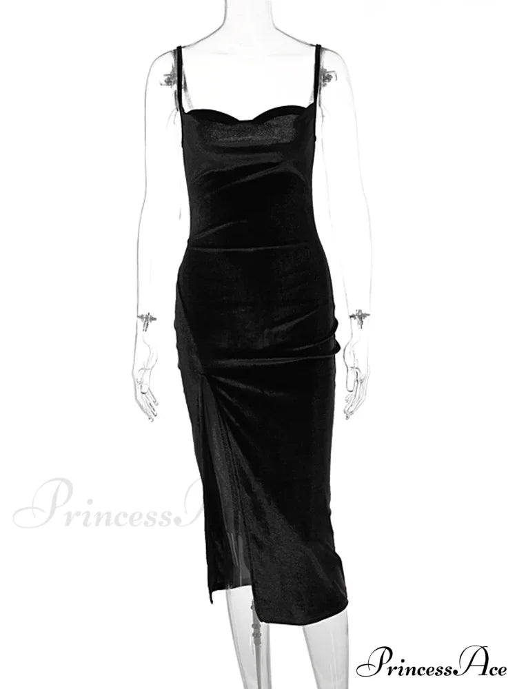 Velvet Swing Collar Sleeveless Sexy Slit Midi Dress