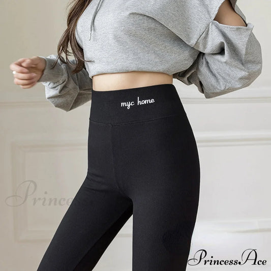 Velvet Thick High Waist Thermal Warm Leggings Black 350G Wool / L 40-62Kg