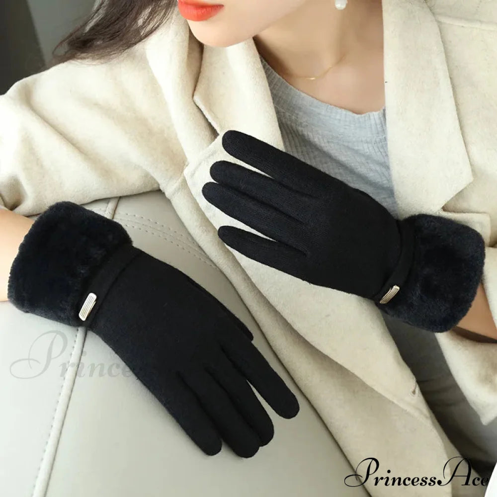 Velvet Touch Screen Thicken Plush Suede Drive Christmas Glove Black / One Size Gloves-L