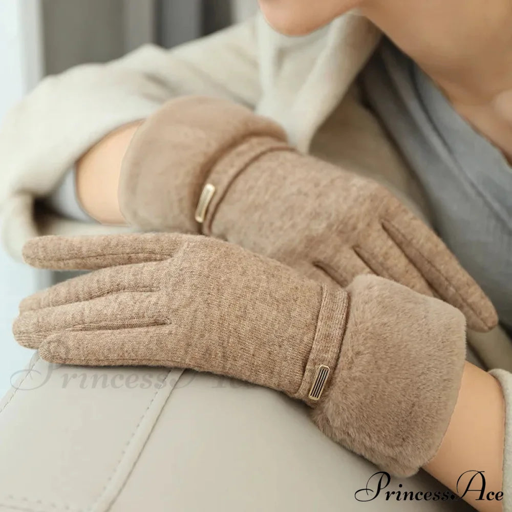 Velvet Touch Screen Thicken Plush Suede Drive Christmas Glove Khaki / One Size Gloves-L