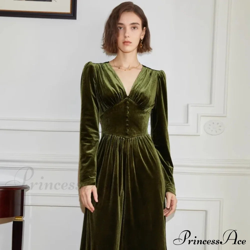 Velvet V-Neck Dress Autumn/Winter High End French Vintage Slim Fit Christmas Party Army Green / S