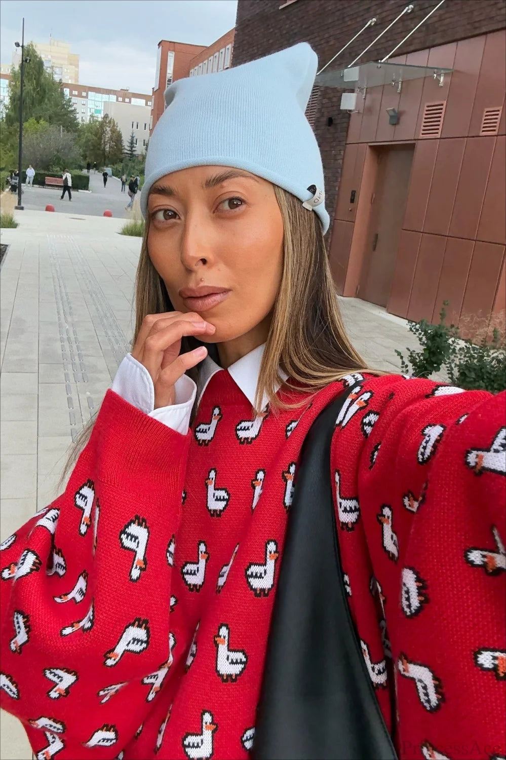 Versatile Color Block Jacquard Red Knitted Blouse