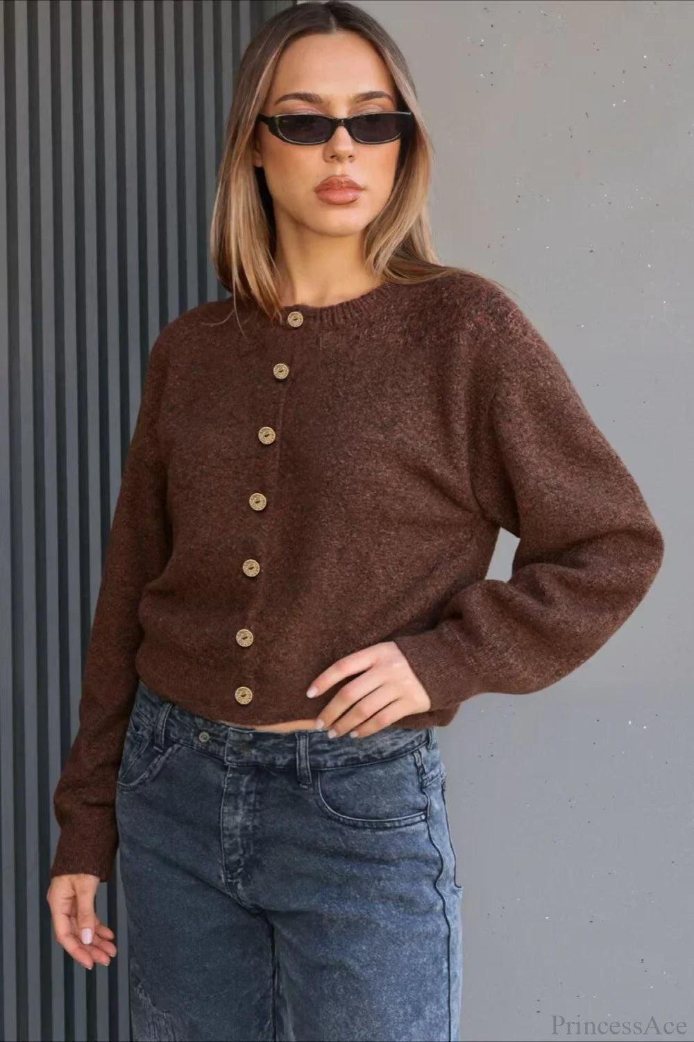 Versatile Crewneck Long Sleeve Button Sweater