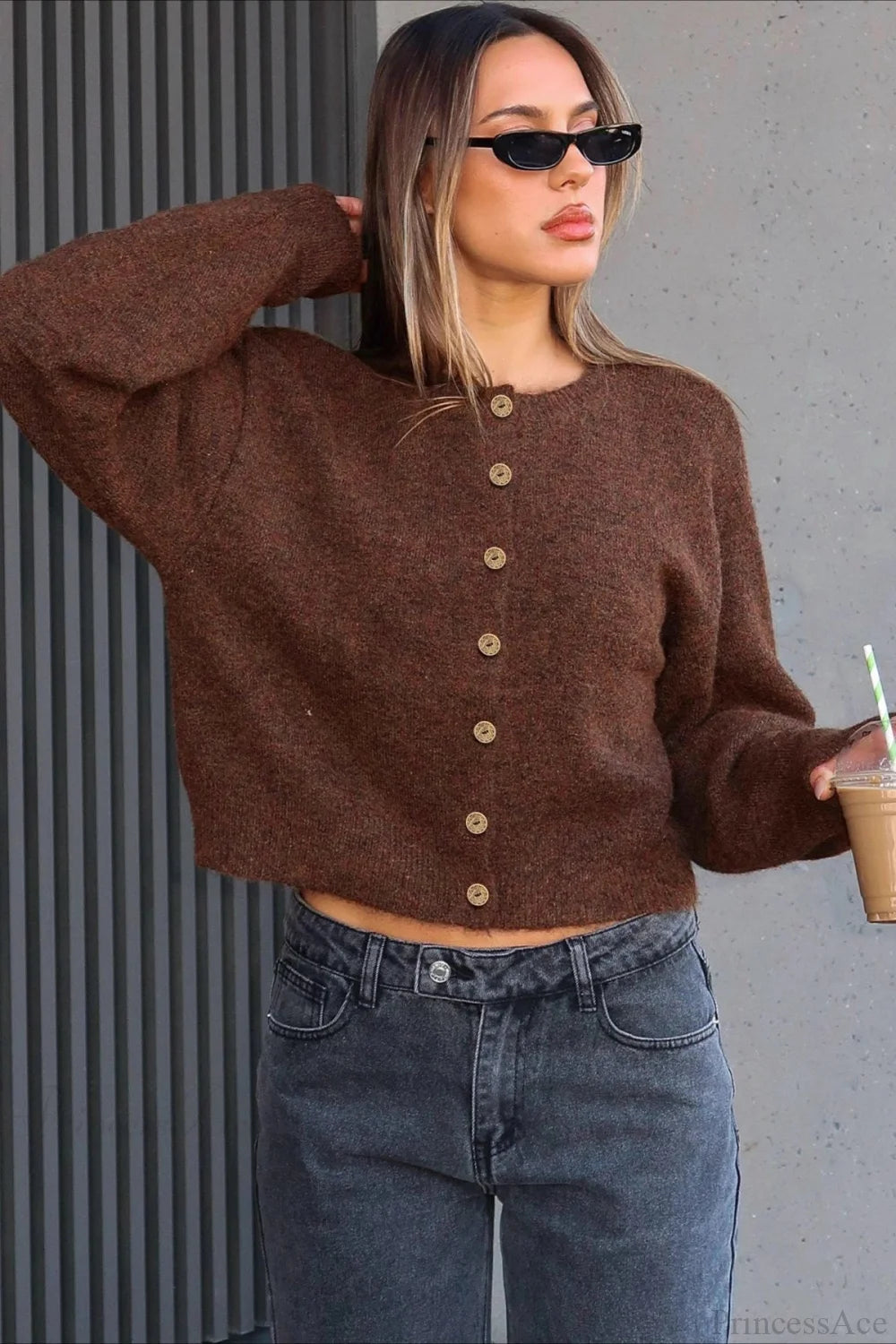 Versatile Crewneck Long Sleeve Button Sweater Brown / S