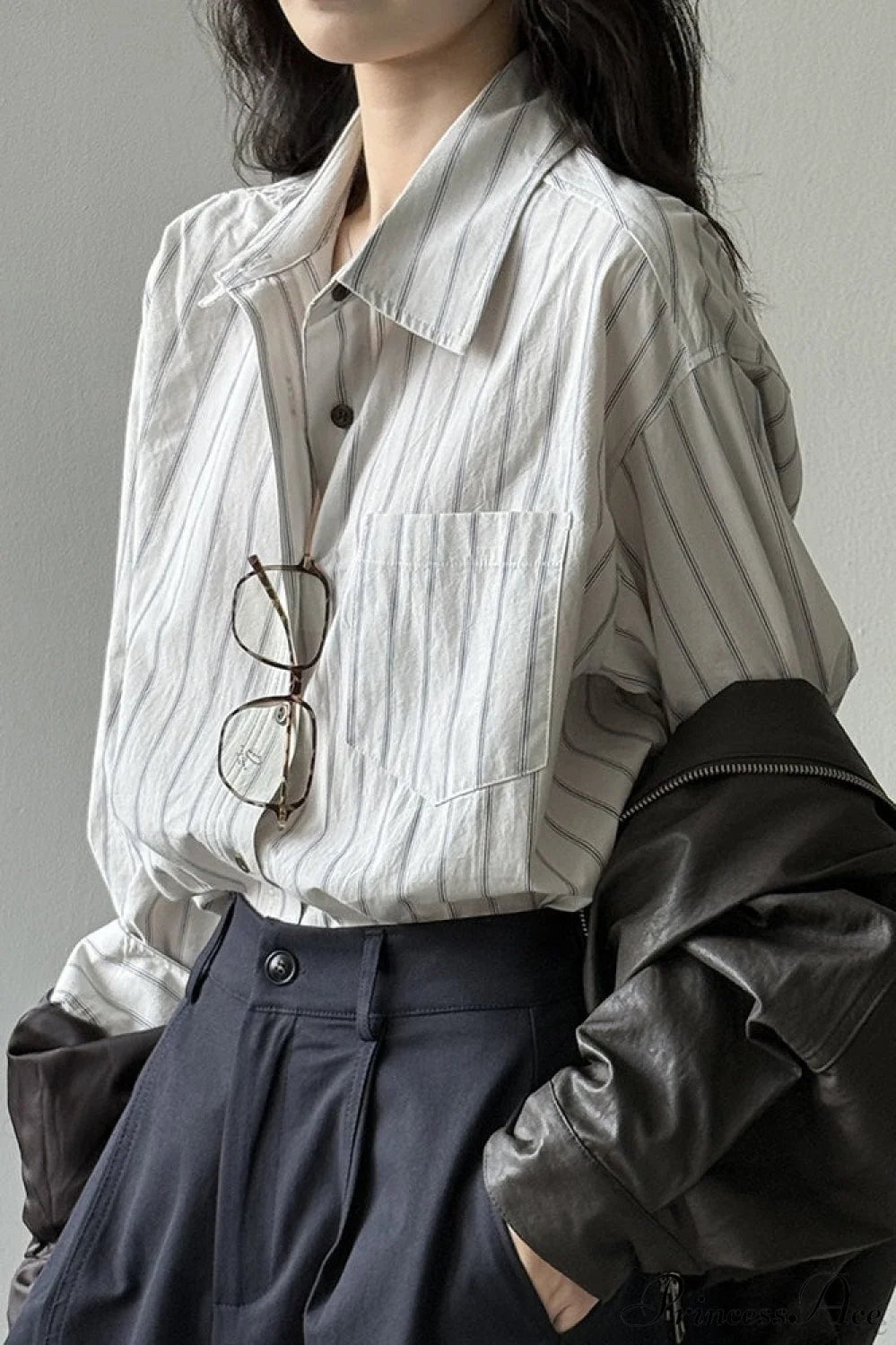 Vertical Stripe Long-Sleeve Cotton Loose Blouse