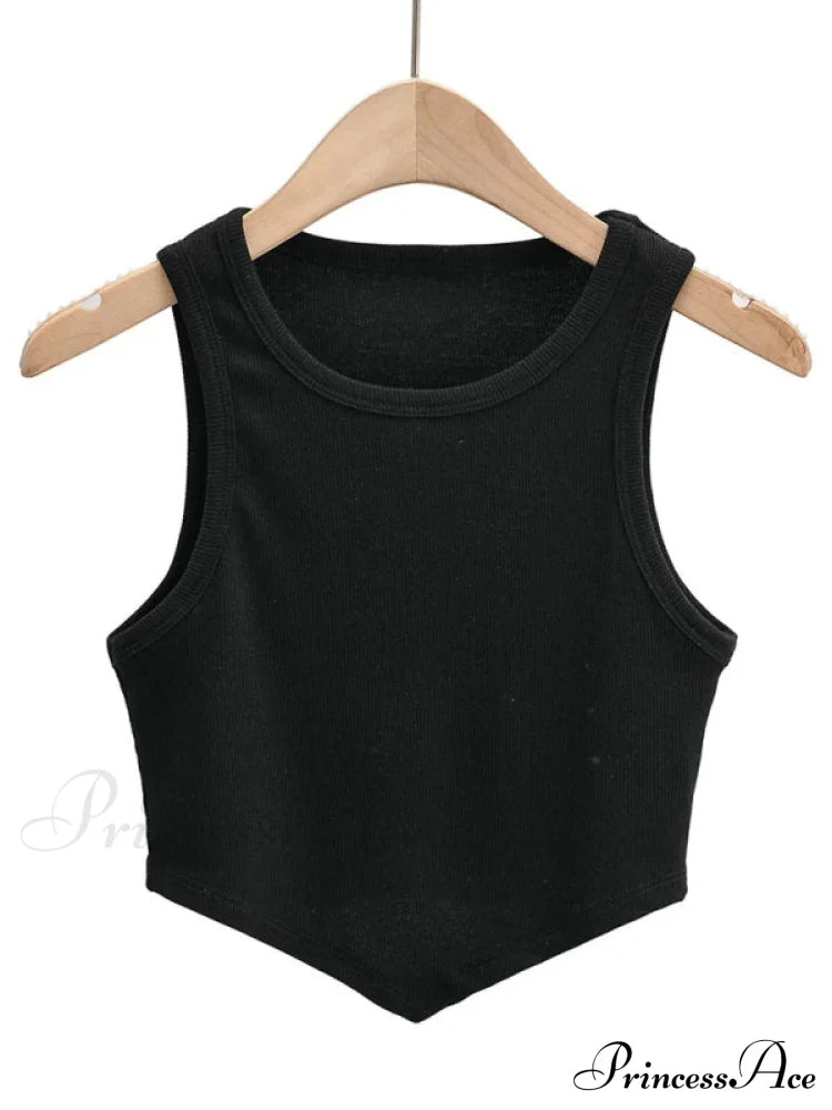 Women's new mini inverted triangle round neck elastic slim fit sleeveless short vest top Black clothes crop top crop tops croptop shirt shirts short sleeve shirt top tops