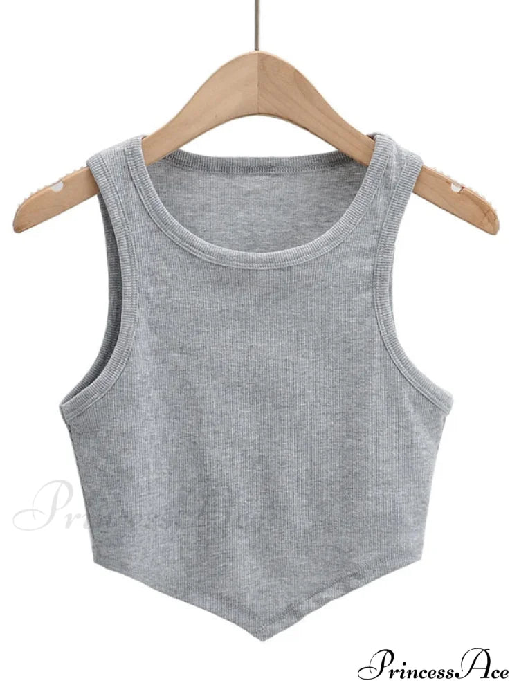 Women's new mini inverted triangle round neck elastic slim fit sleeveless short vest top Grey clothes crop top crop tops croptop shirt shirts short sleeve shirt top tops