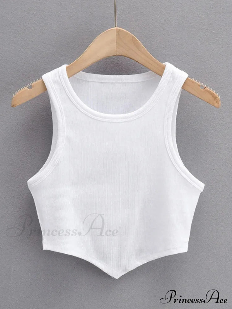 Women's new mini inverted triangle round neck elastic slim fit sleeveless short vest top White clothes crop top crop tops croptop shirt shirts short sleeve shirt top tops