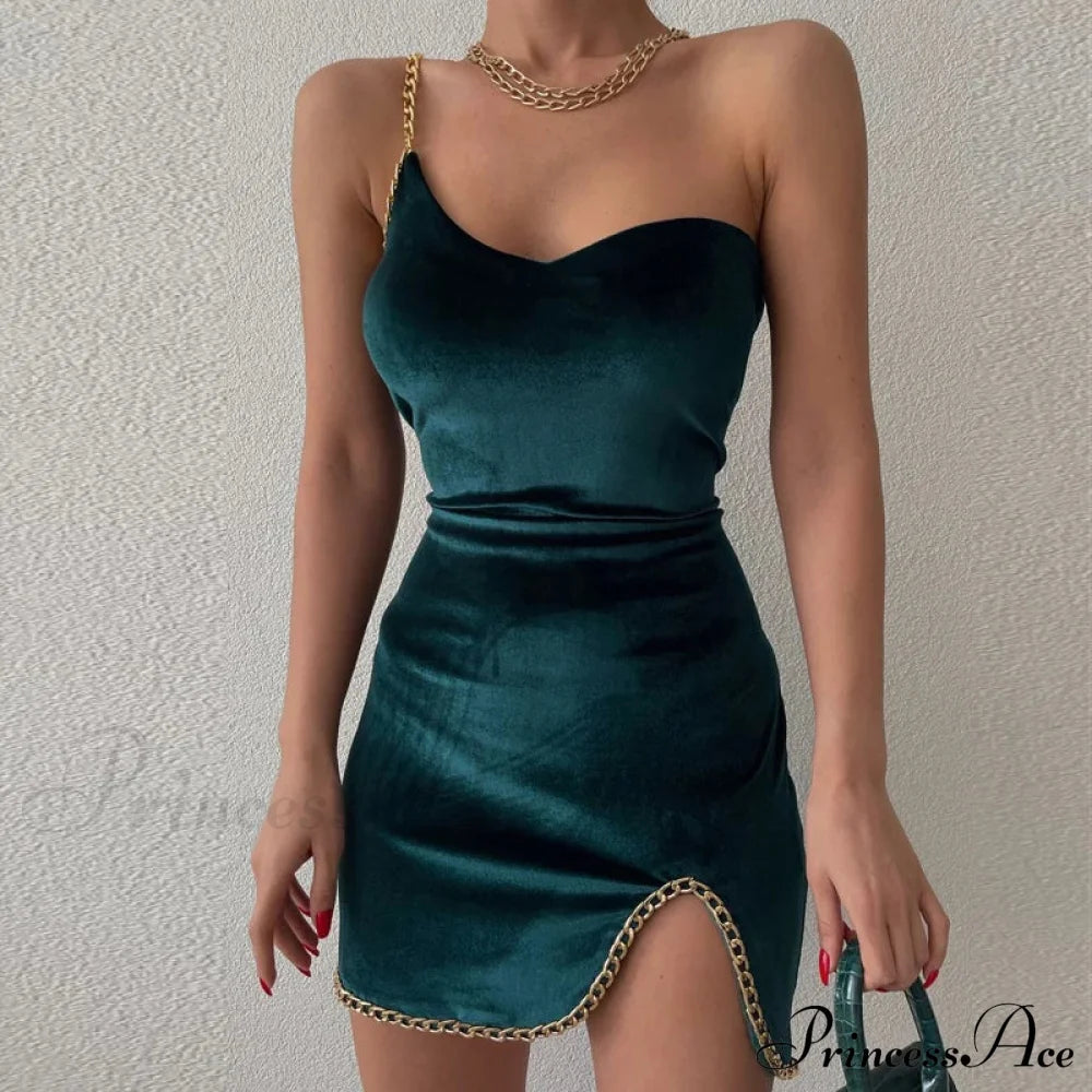 Vestidos Fleece One Shoulder Open Backless Mini Dress Green / S