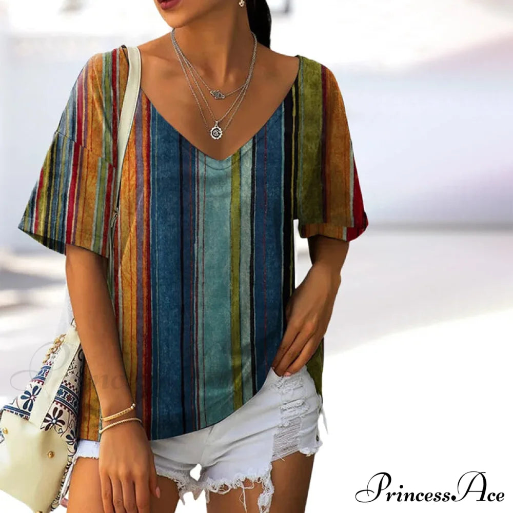 Vintage Colourful Striped T-Shirt Multicolor best Best Sellings clothes Plus Size Sale tops Topseller