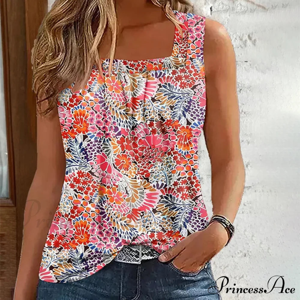 Vibrant Tank Top In Flowered Colors Blouses