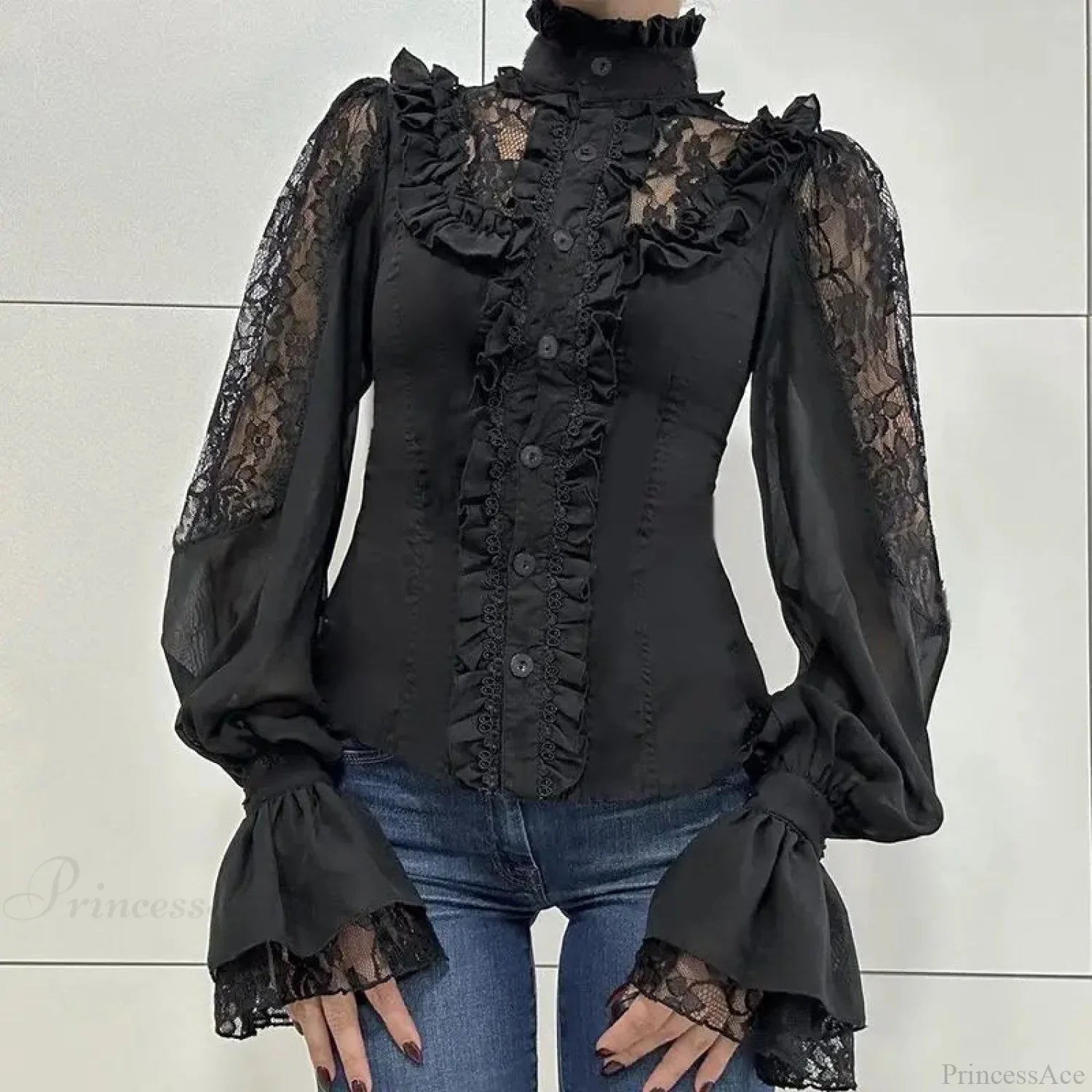 Victorian Frill Lace Patchwork Shirt Black / S