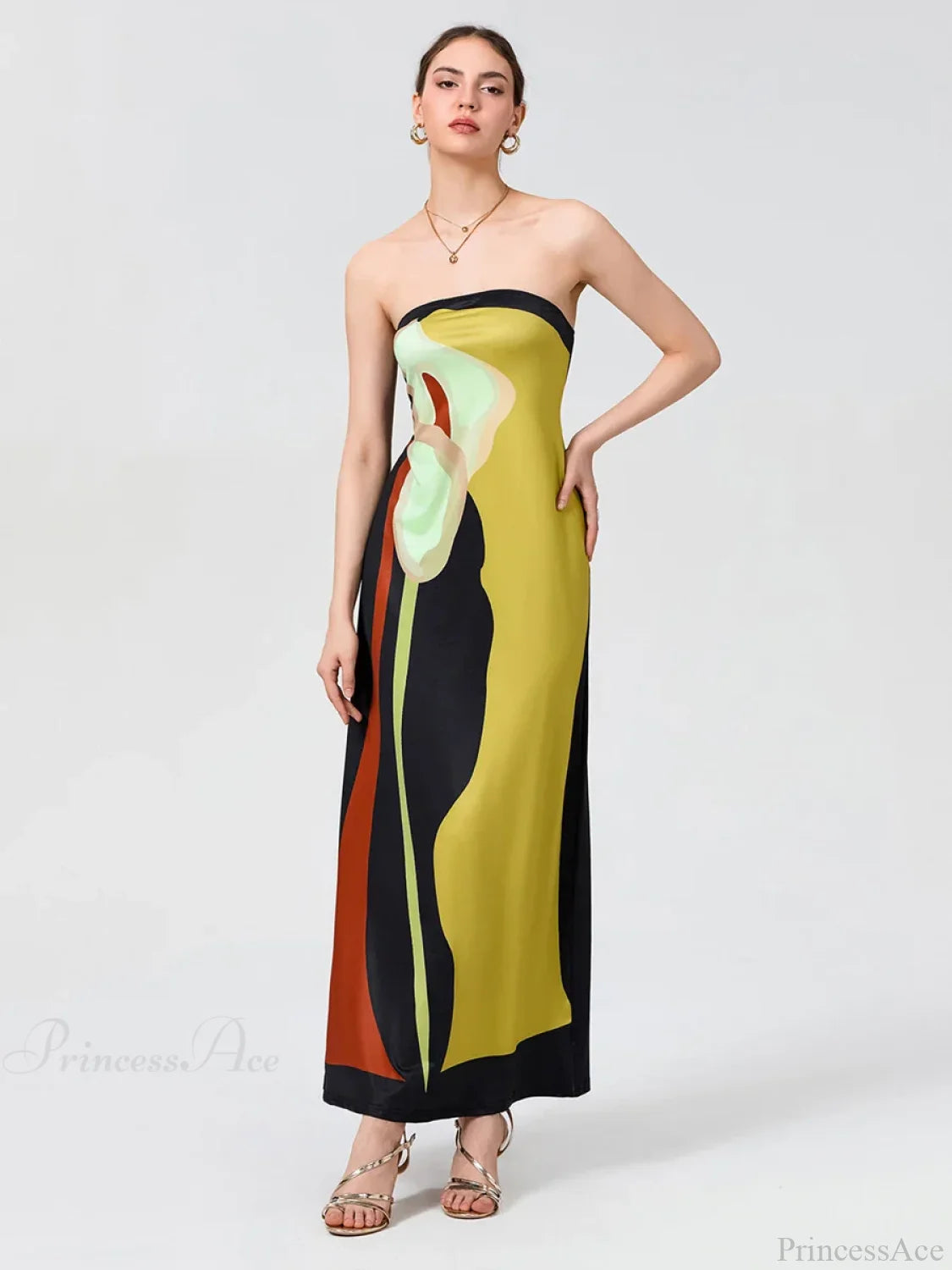 Vintage Abstract Floral Strapless Backless Loose Tube Top Floral Dress floraldress-250126