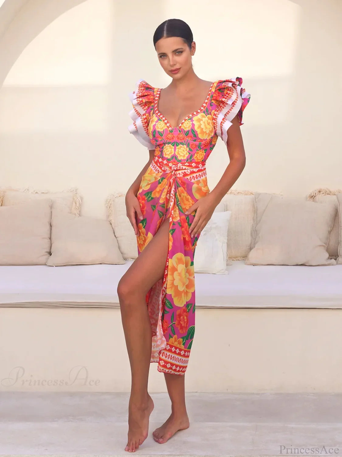 Vintage Bamboo Print Sarong Two Piece Set red Swimsuit and Sarong / S