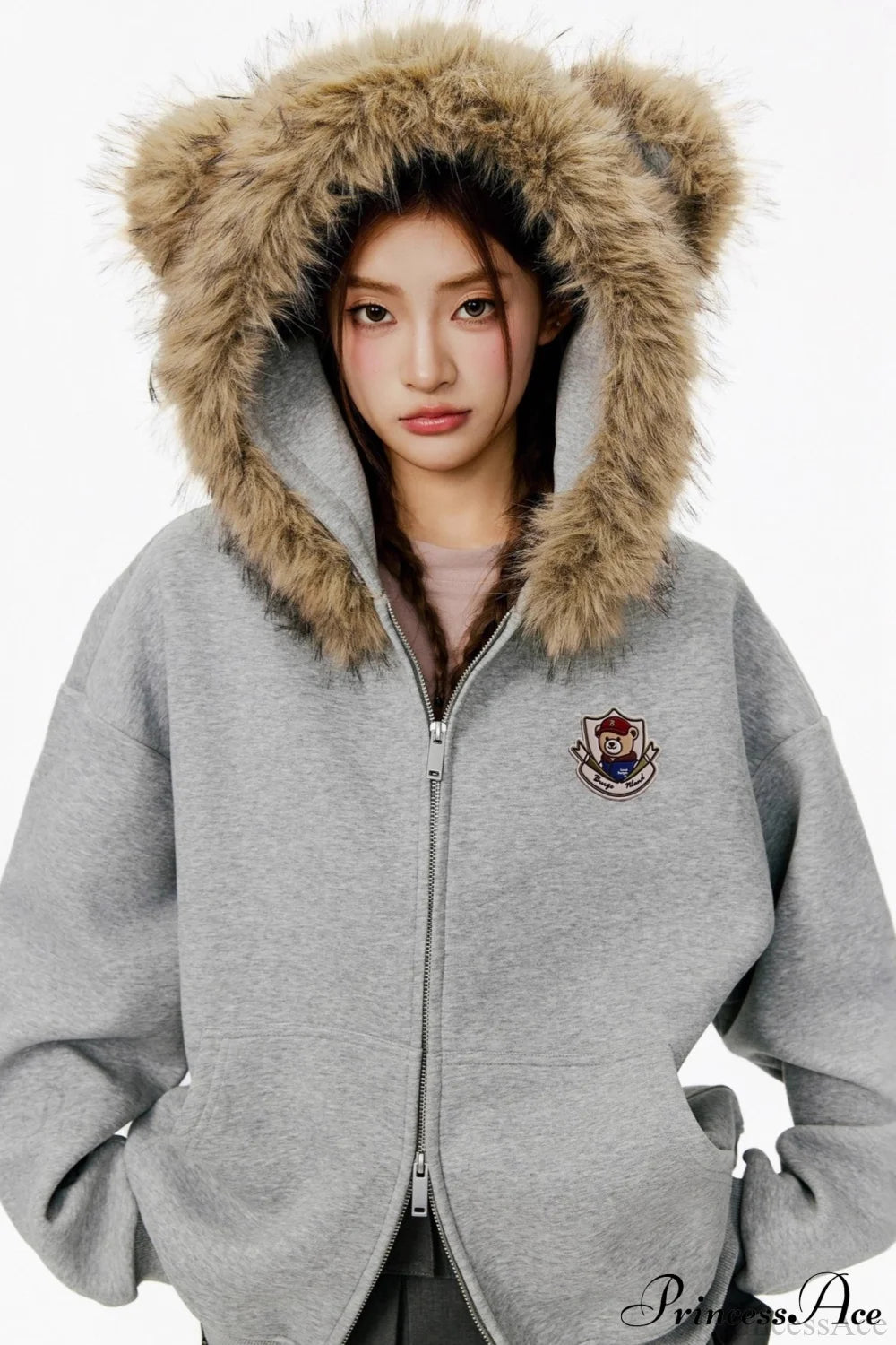 Vintage Bear Ear Fleece Collar Zip Hoodie