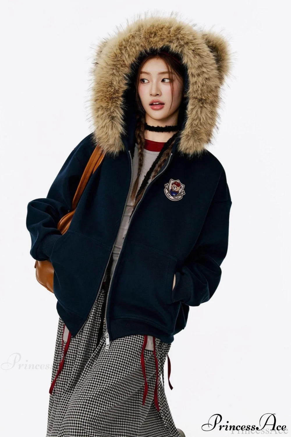 Vintage Bear Ear Fleece Collar Zip Hoodie