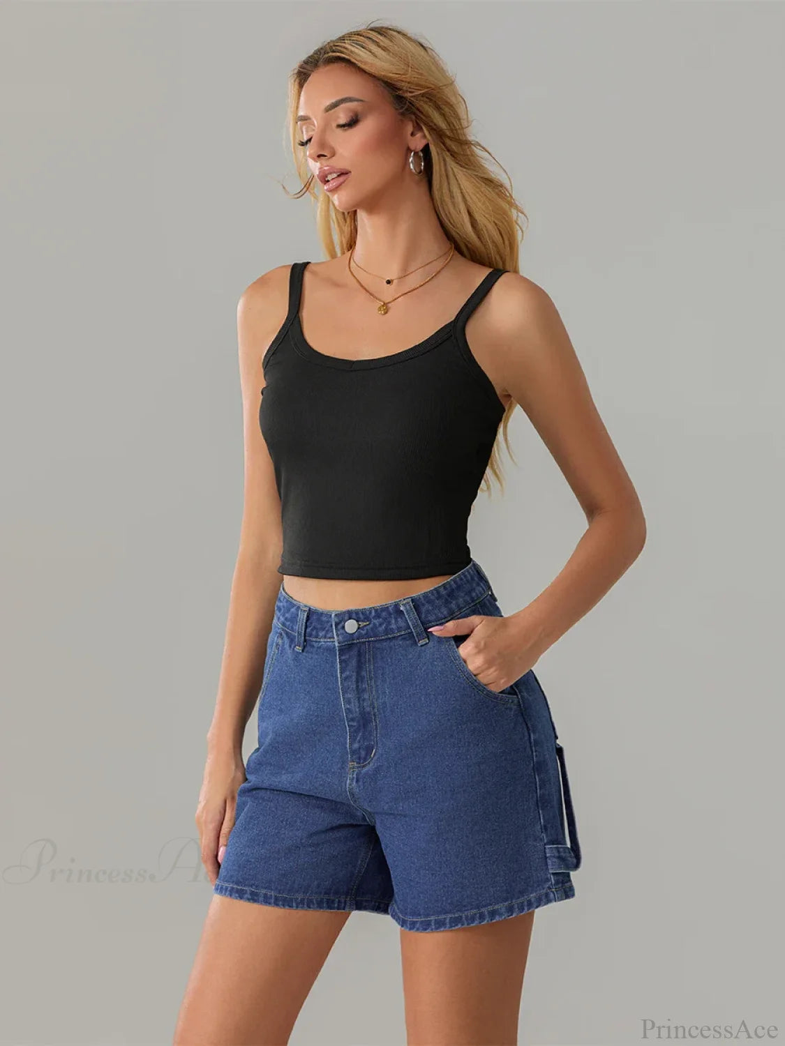 Vintage Blue Button Denim Short short-250223