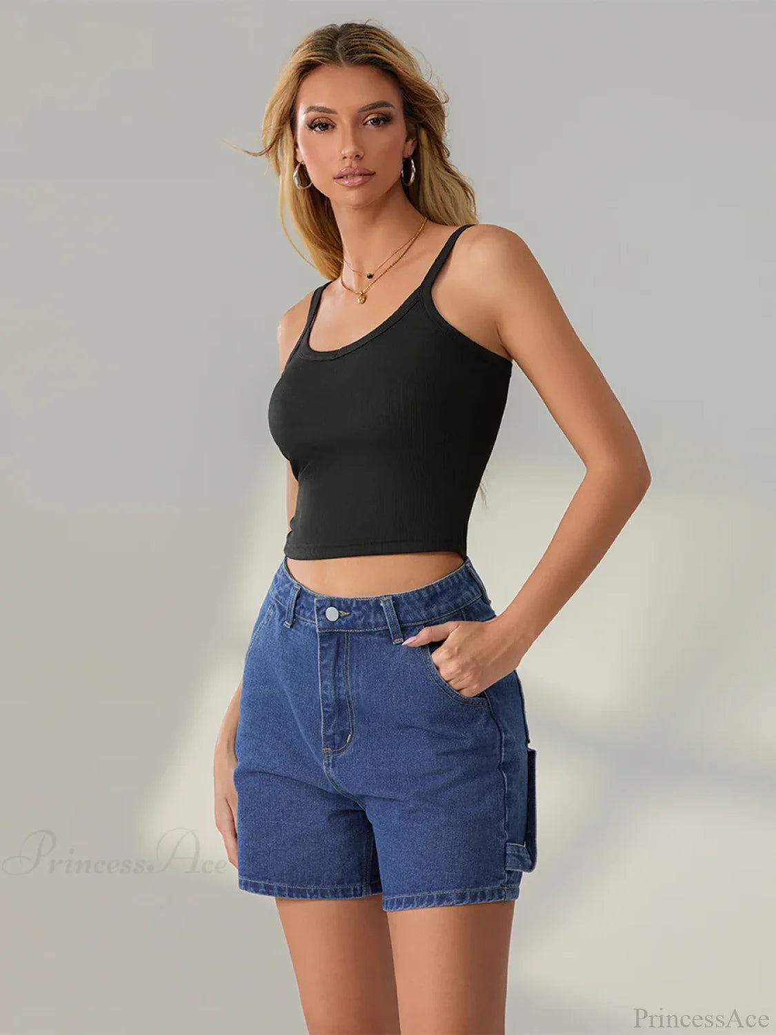 Vintage Blue Button Denim Short short-250223