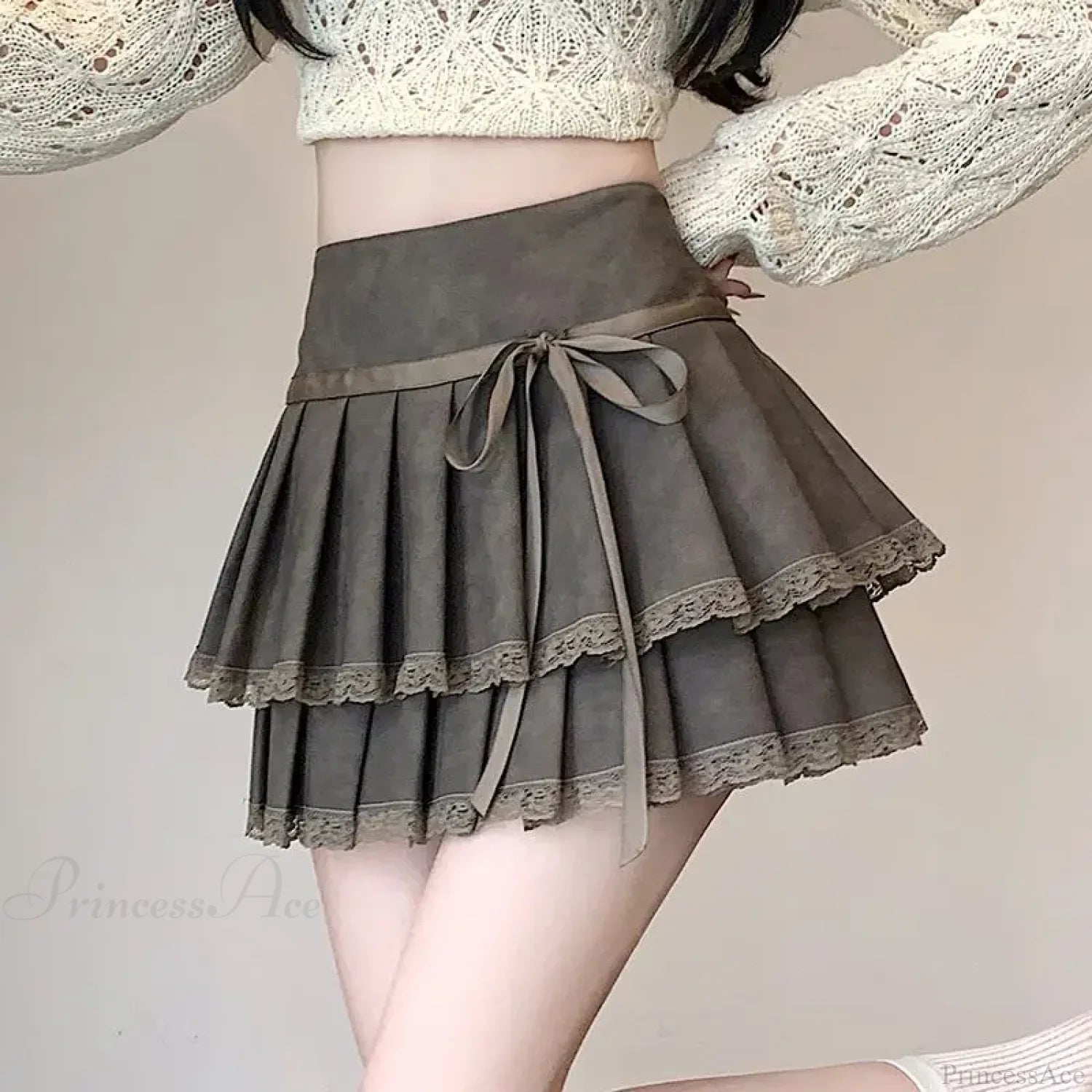 Vintage Bow Pleated PU Skirt skirts-250223