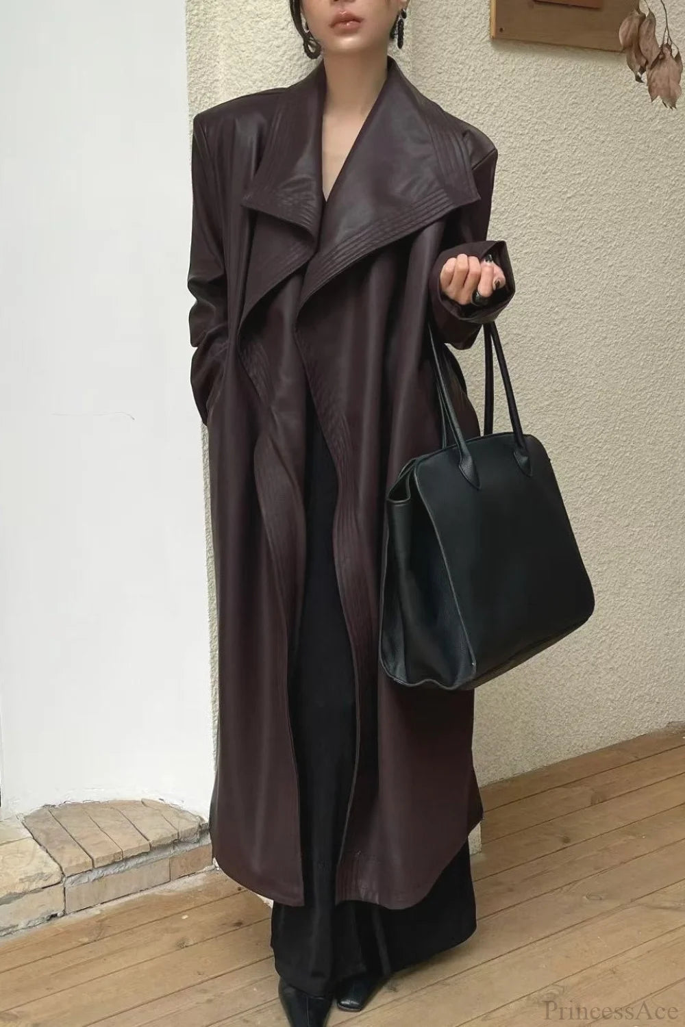 Vintage Broad Lapel Waist-Tied Leather Overcoat