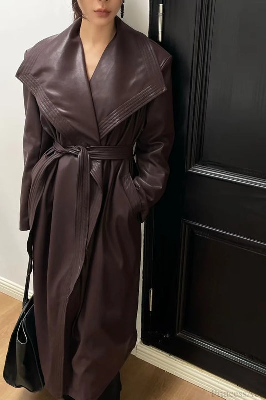 Vintage Broad Lapel Waist-Tied Leather Overcoat