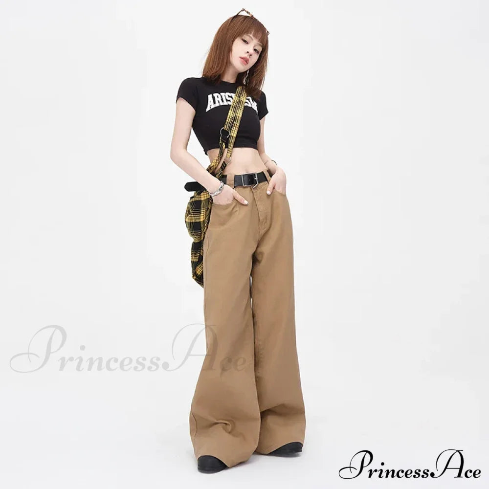 Vintage Brown Loose Wide Leg Mid-Waist Women Elegant Chic Jeans