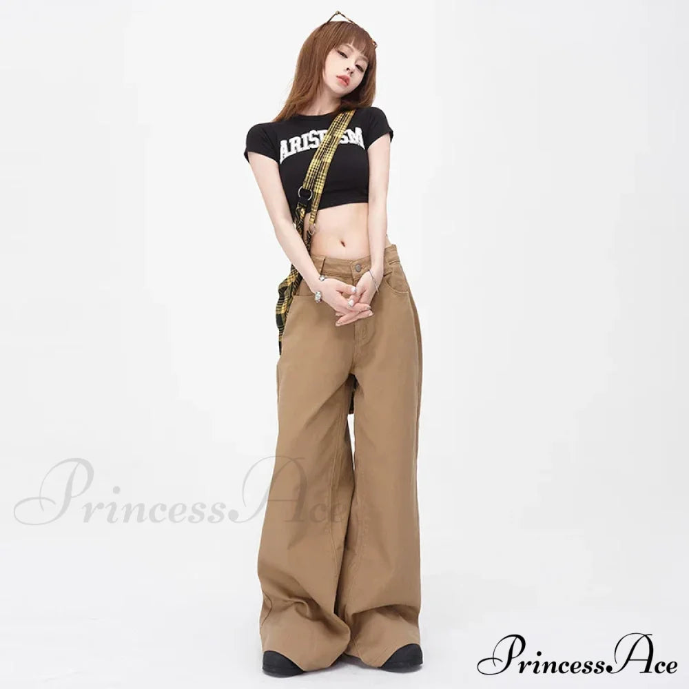 Vintage Brown Loose Wide Leg Mid-Waist Women Elegant Chic Jeans