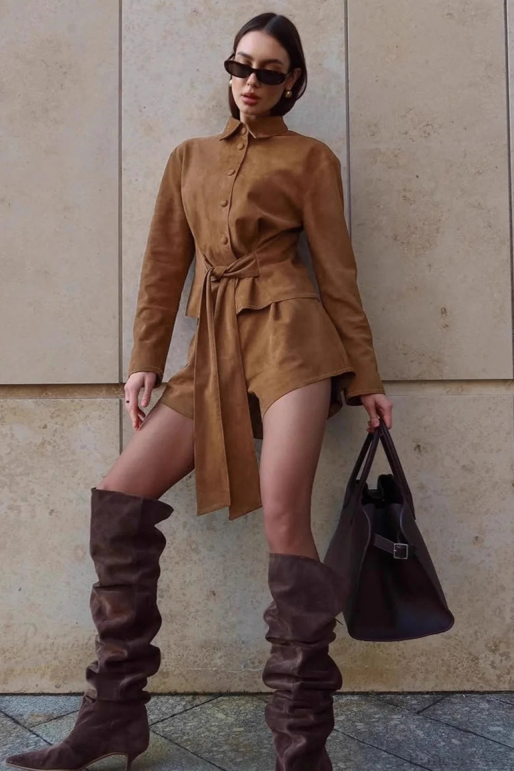 Vintage Brown Suede Tie Waist Cropped Two Piece Set Brown / S