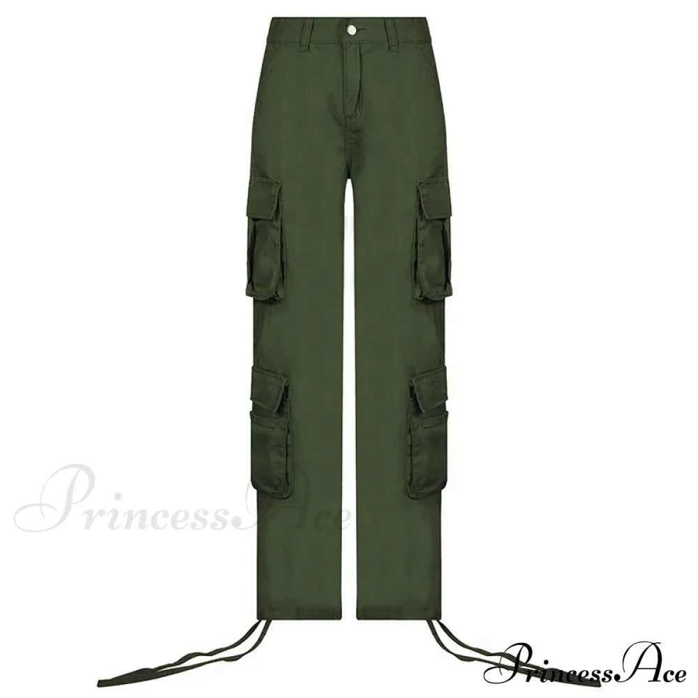 Vintage Cargo Baggy Streetwear Pockets Wide Leg Low Waist Casual Loose Y2K Denim Jean Green / S