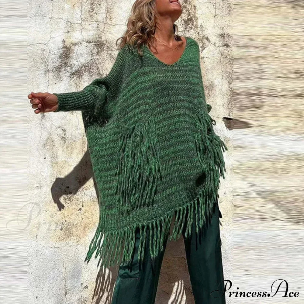 Vintage Casual Knitted Sweater Midi Dress Green / S