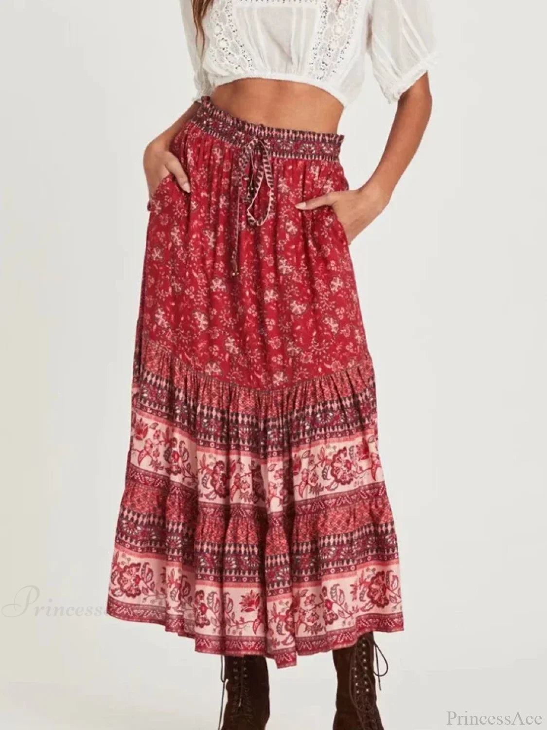 Vintage Chic Hippie Floral Peacock Printed High Waist Rayon A-Line Midi Boho Skirt Red / S skirt-250126