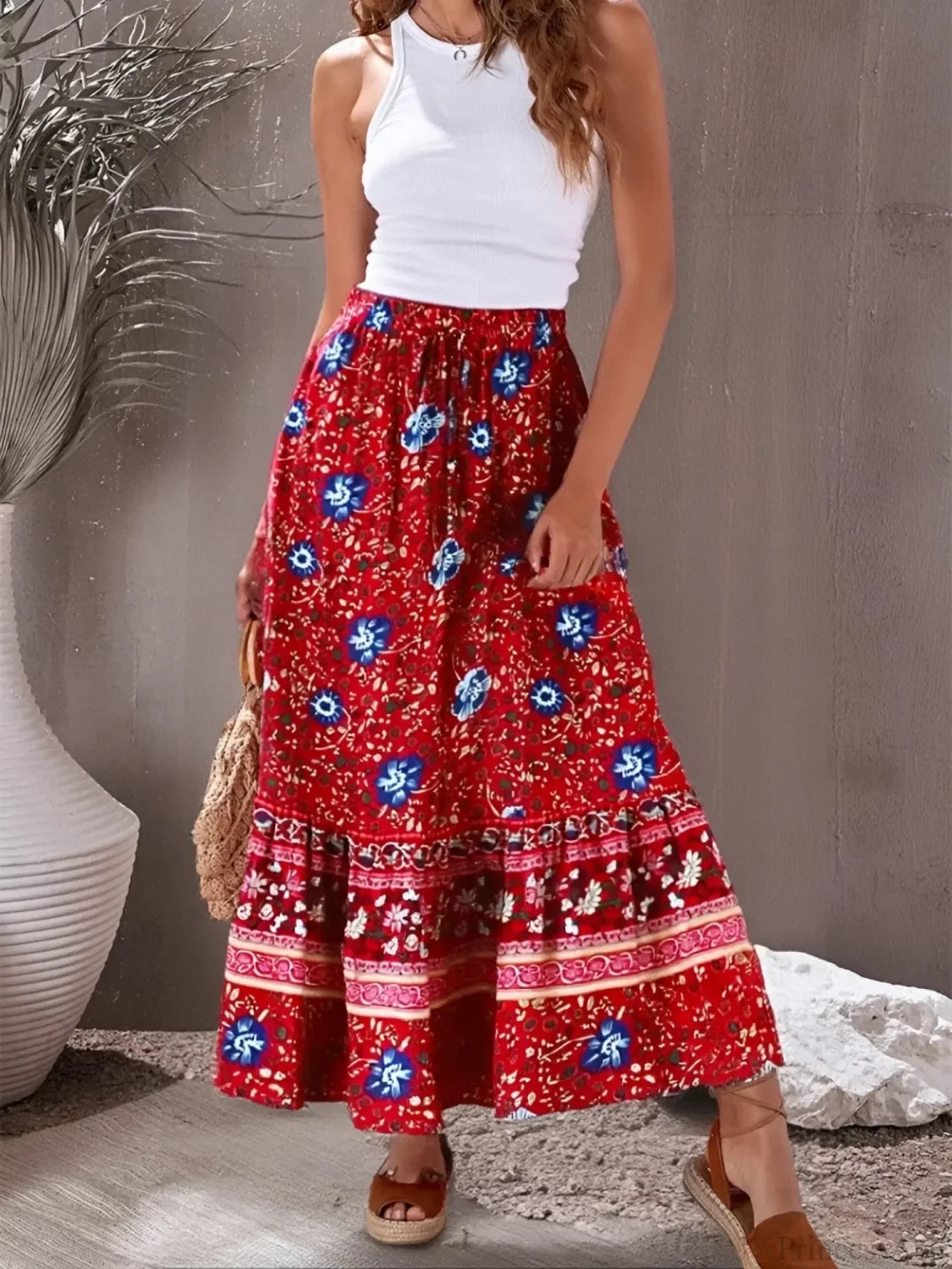 Vintage Chic Red Floral Printed Beach Bohemian Rayon Pleated A-Line Skirt Red / M skirt-250126