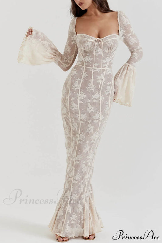 Vintage Cream Stylish Lace Maxi Dress Dresses