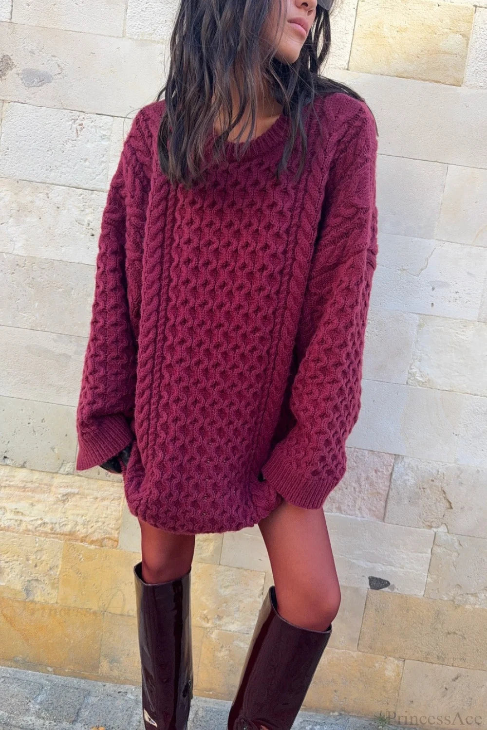 Vintage Crewneck Cable Knit Loose Sweater